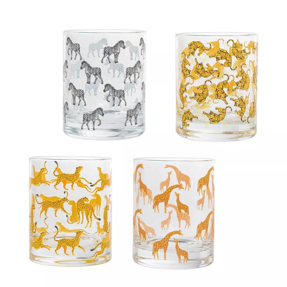 NIB! Jungle Animals Set of 4 Double Old Fashion Glasses by Godinger!